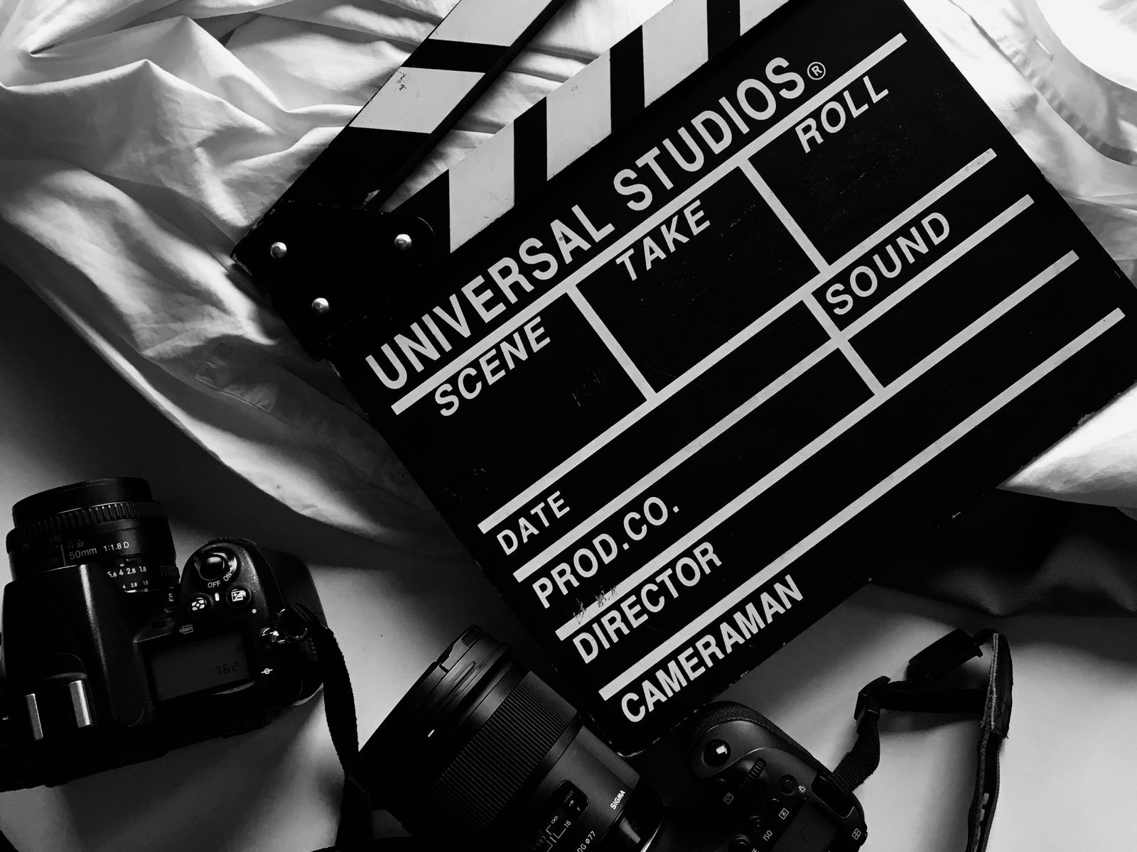 Camera and clapperboard on a film set